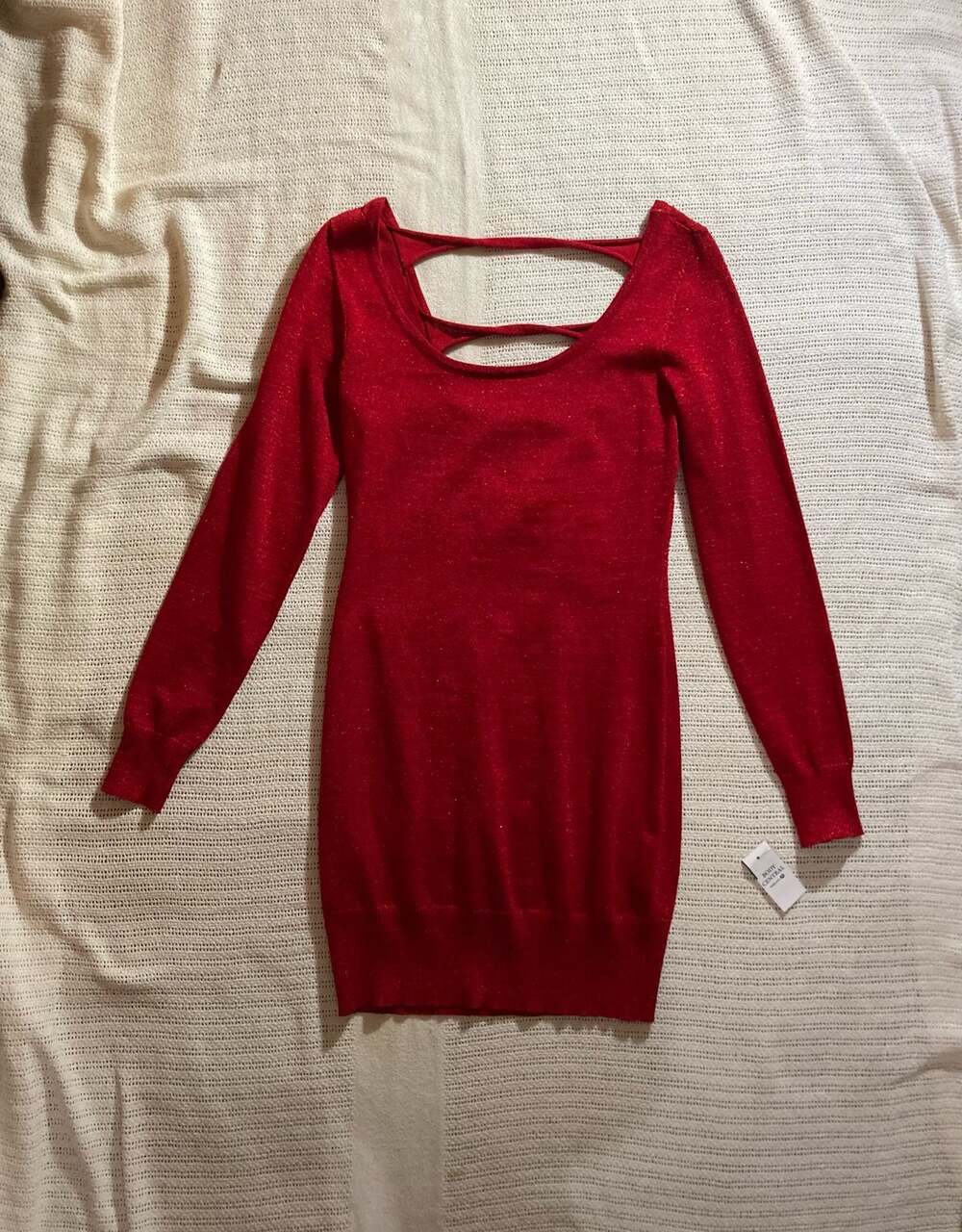 Body Central Red Metallic Knit Long Sleeve Cut Out Back Sweater Dress